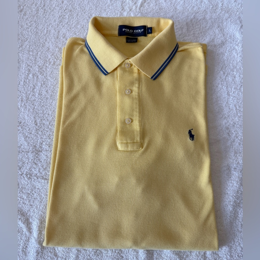 Vintage Mens Polo Ralph Lauren “Polo Golf” Shirt Light Yellow Stripe Collar, L